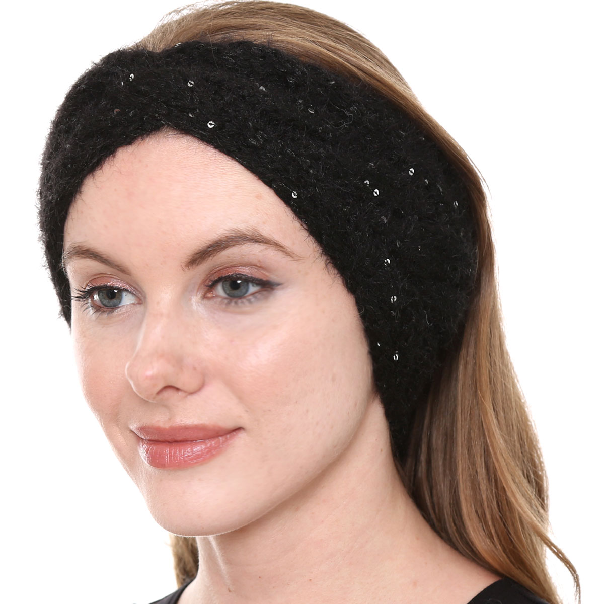 017  BLACK Sequined Knitted Headwrap