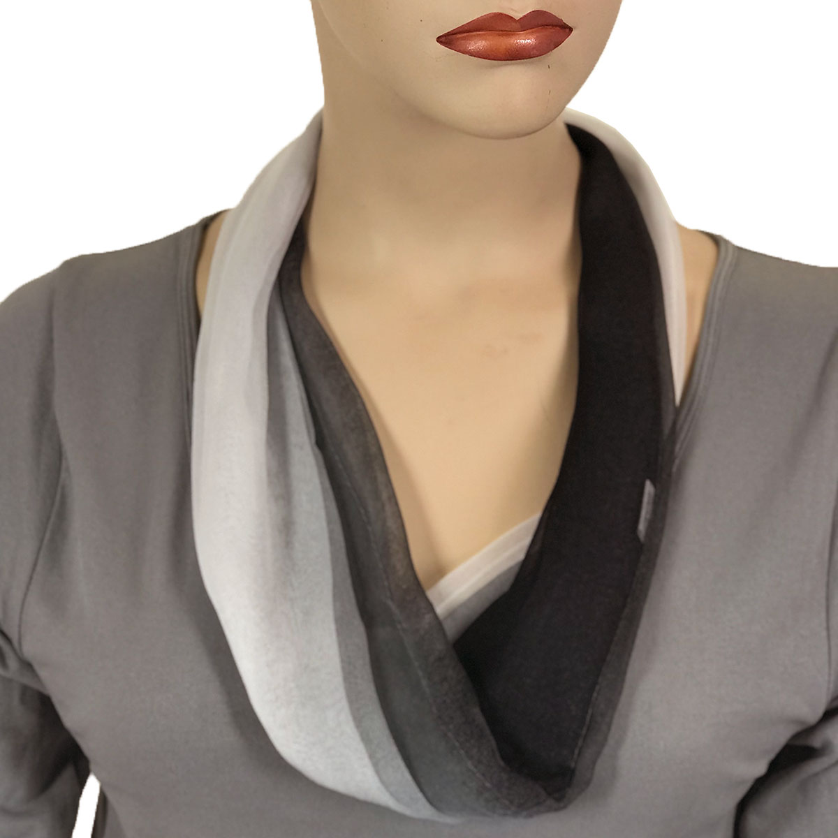 106BGW - Black-Grey-White Tri-Color<br>
Magnetic Clasp Silky Dress Scarf