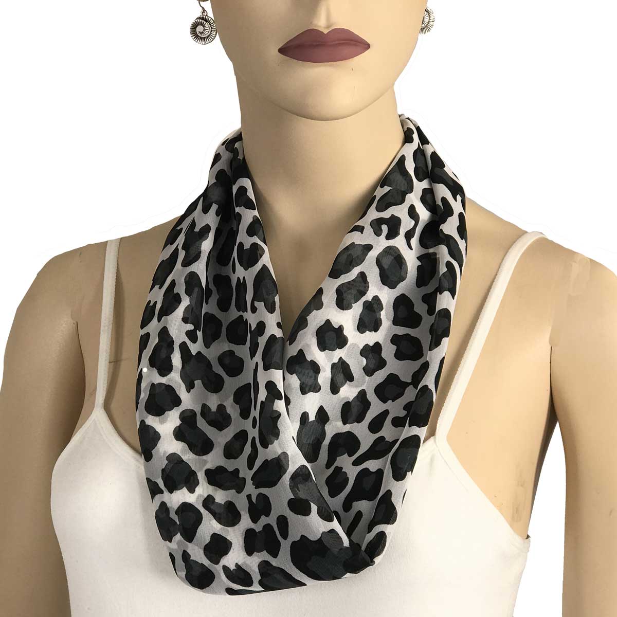 2901 - Magnetic Clasp Silky Dress Scarves - 104BKW Black-White CheetahSilver MagnetSilky Dress Scarv