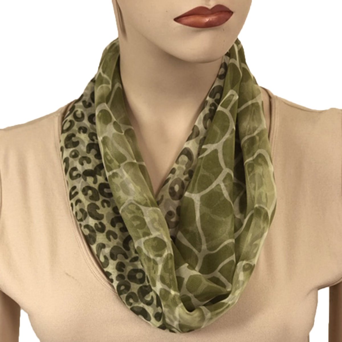 2901 - Magnetic Clasp Silky Dress Scarves - 713GN Green Giraffe-LeopardSilver MagnetSilky Dress Scar