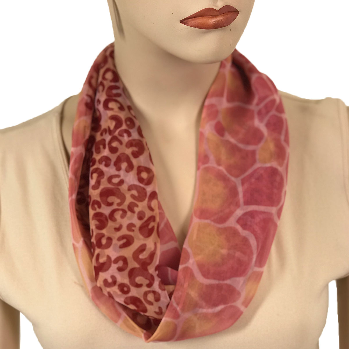 2901 - Magnetic Clasp Silky Dress Scarves - 713RA - Raspberry Giraffe-Leopard - Magnetic Clasp Silky