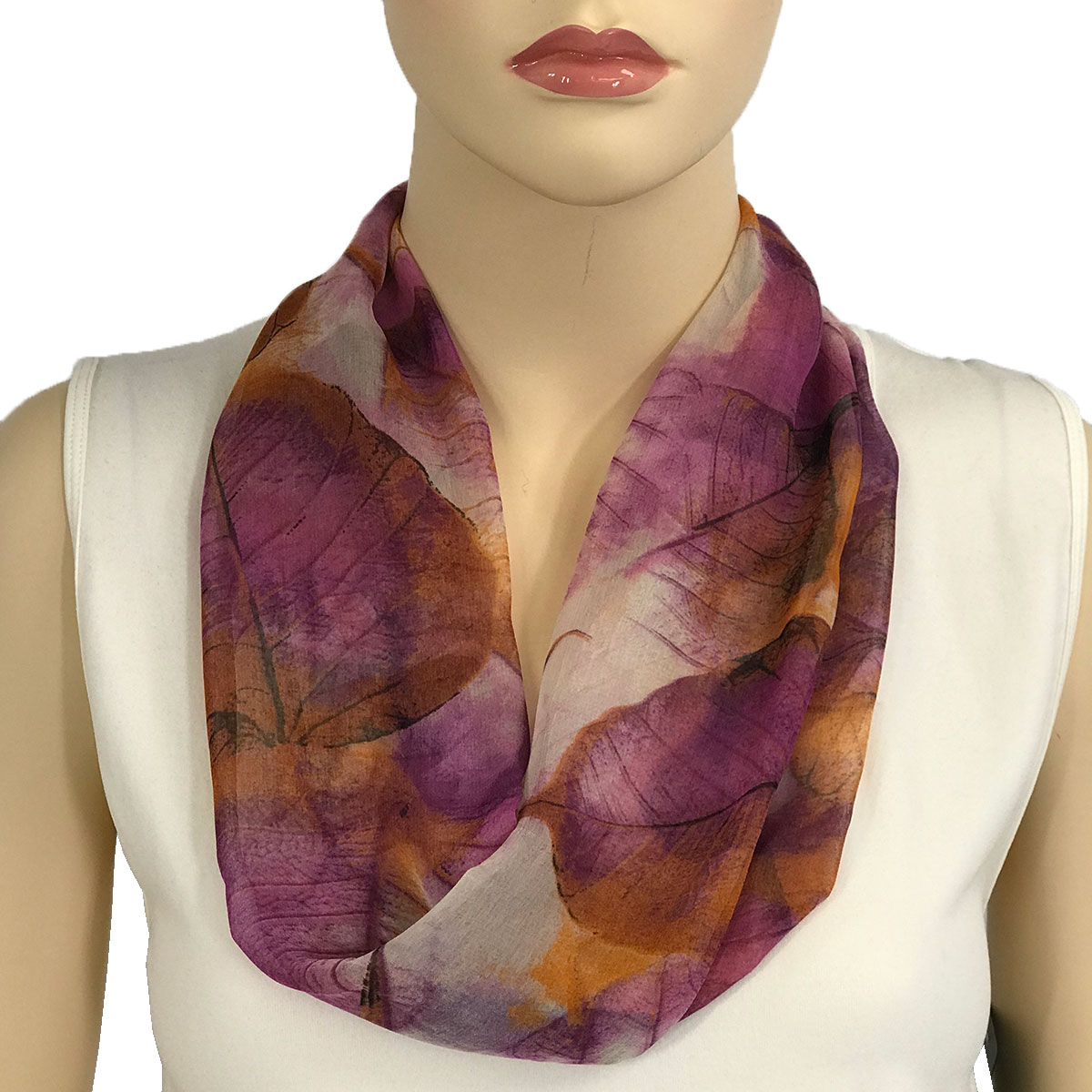 129PU - Purple Leaves<br>
Magnetic Clasp Silky Dress Scarf