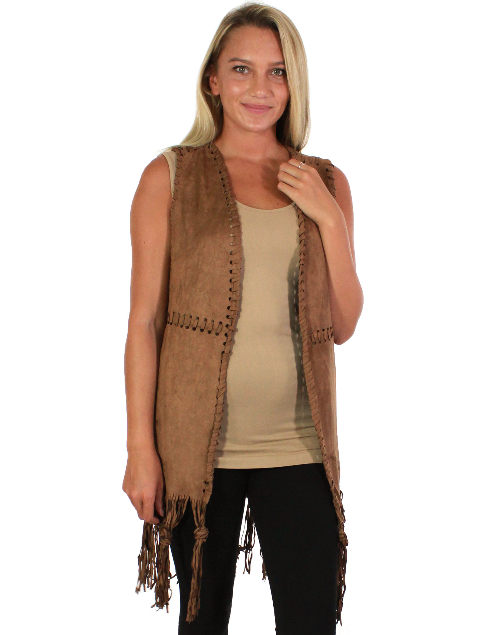 8642 - Taupe<br>Vests - Faux Suede Tasseled 