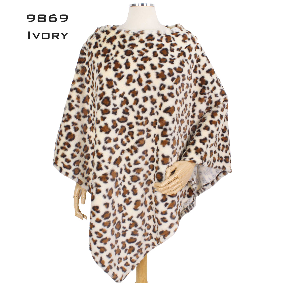 9869 SPOTTED LEOPARD IVORY Faux Fur Poncho