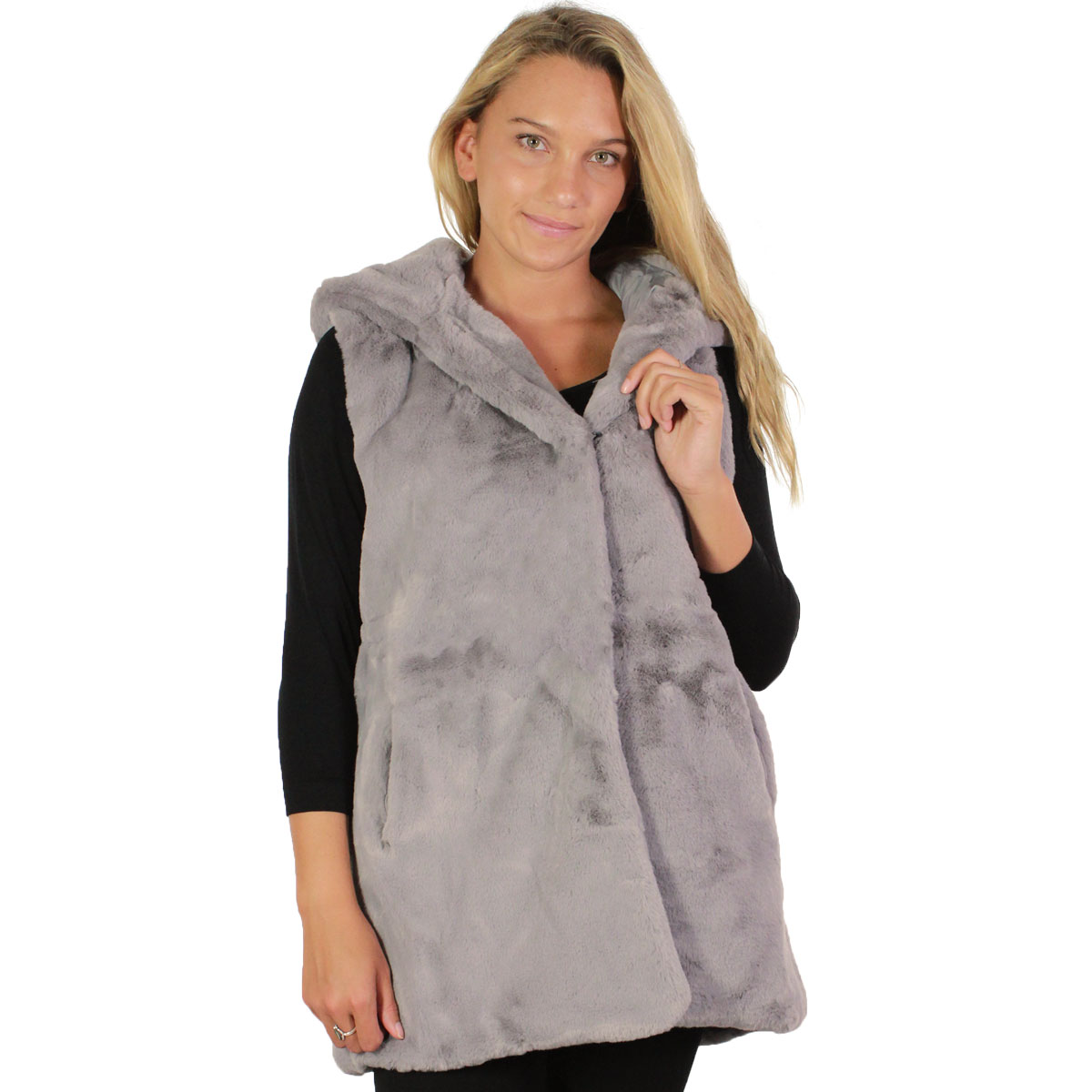 8482 - Hooded Faux Mink Vests