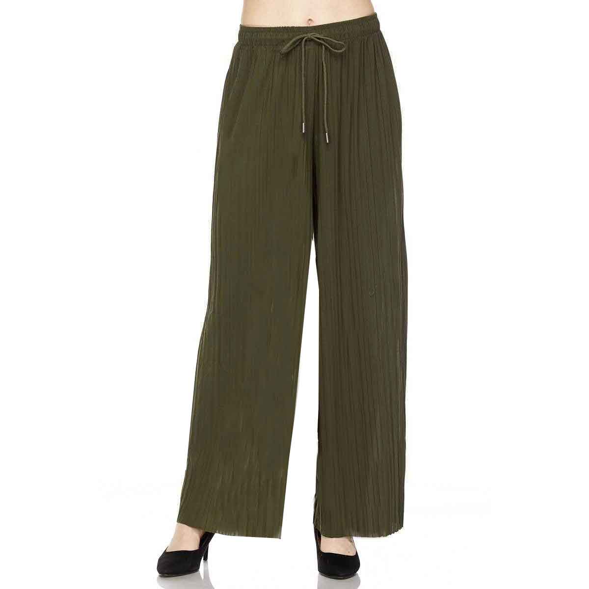 Olive<br>
Stretch Twill Pleated Wide Leg Pants