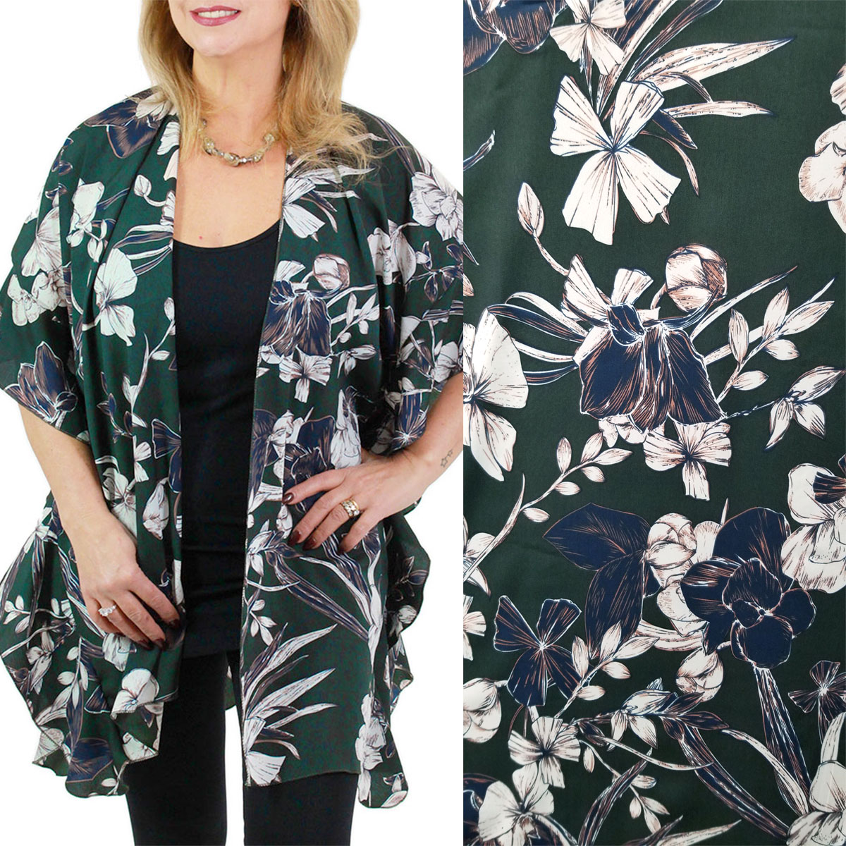 1263 - Hunter Green<br>Flower Print Kimono