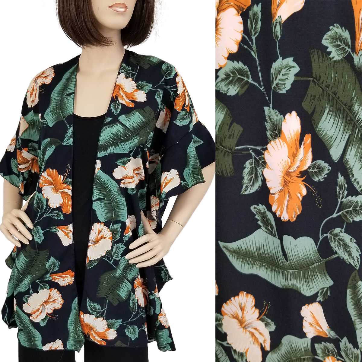 1309 - Navy<br>Tropical Floral Kimono