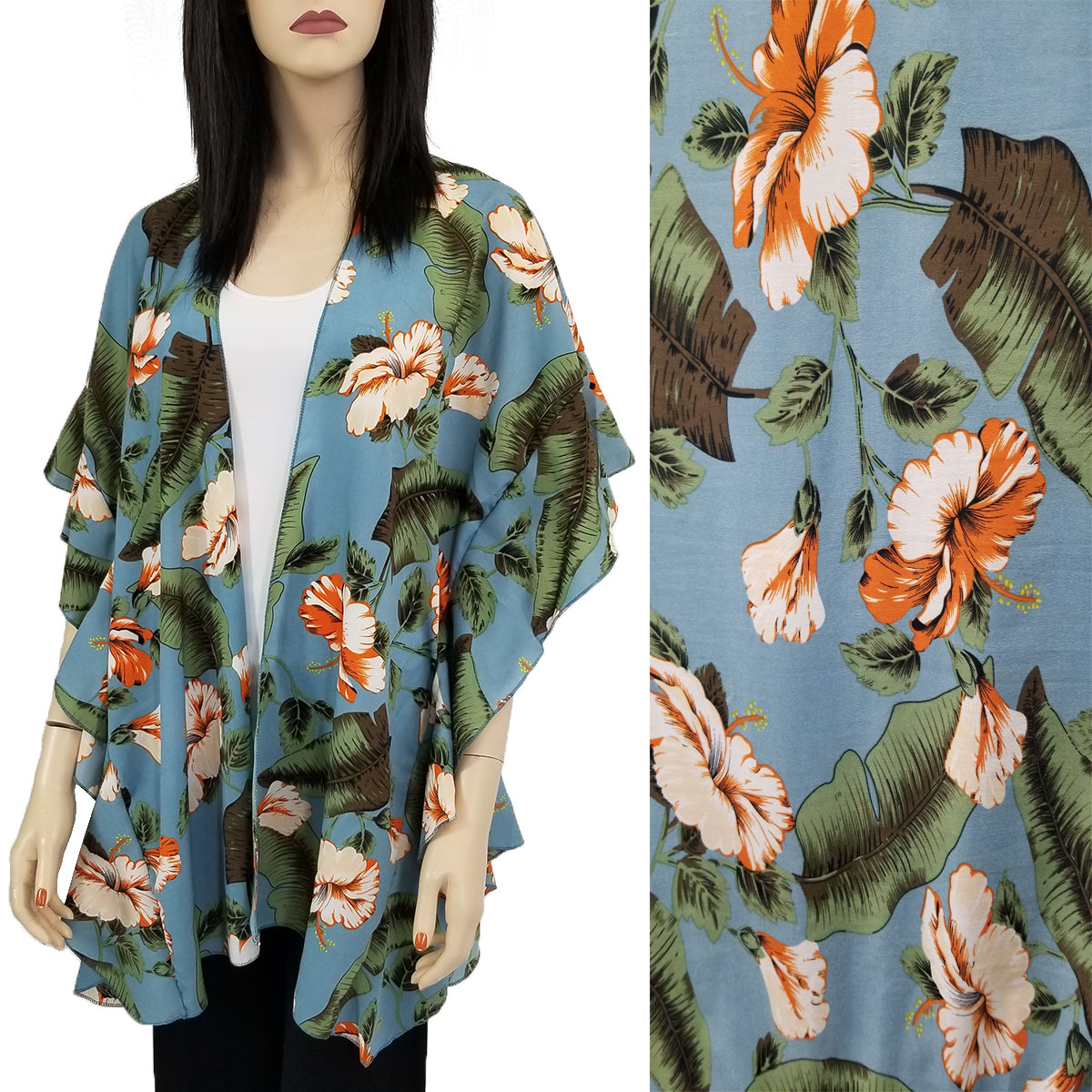 1309 - Dusty Blue <br>Tropical Floral Kimono