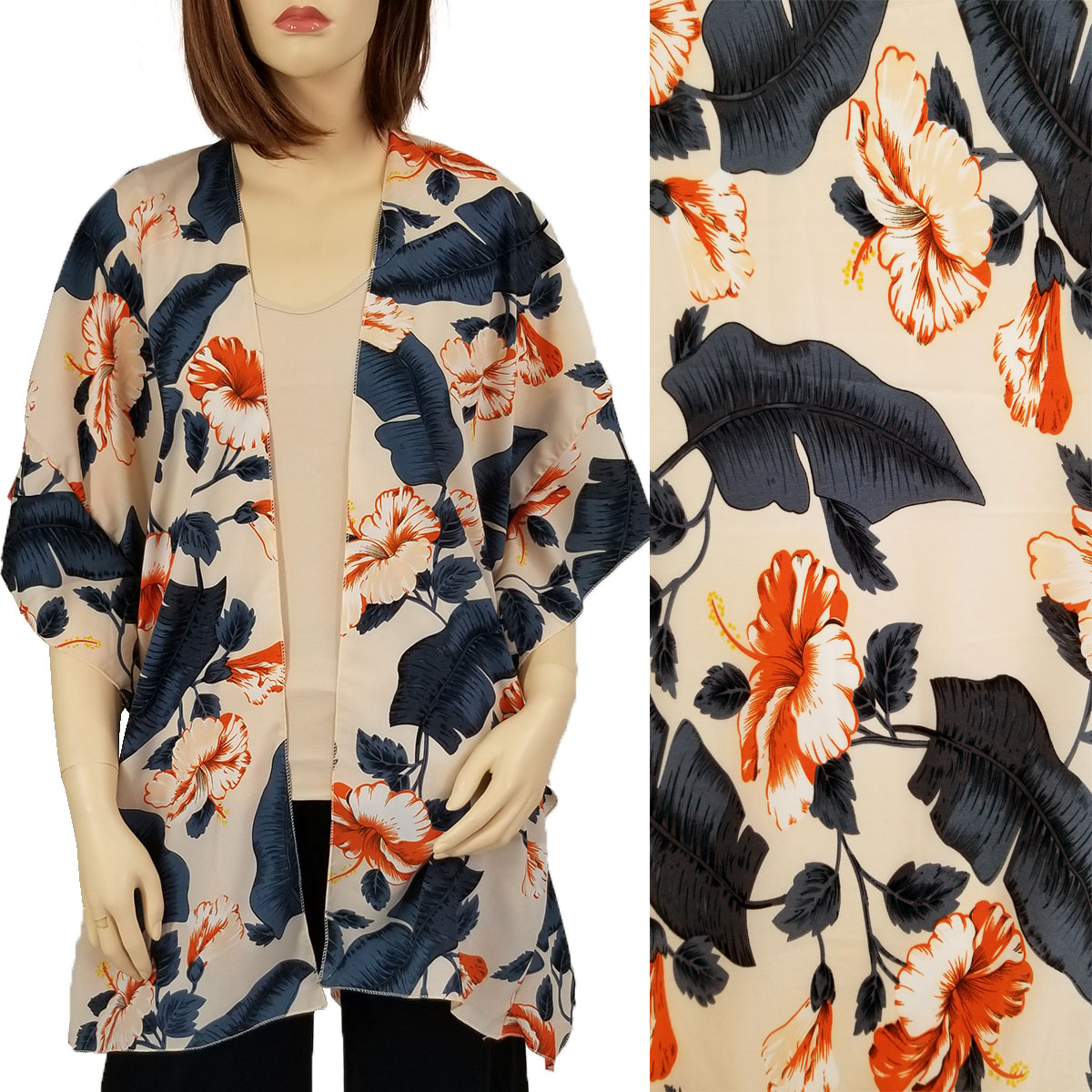 1309 - Beige<br> Tropical Floral Kimono 