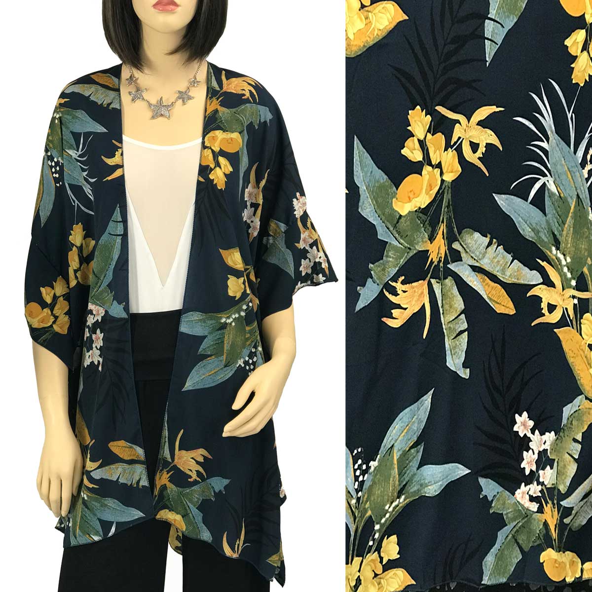 1310 - Indigo <br>Tropical Leaf Kimono