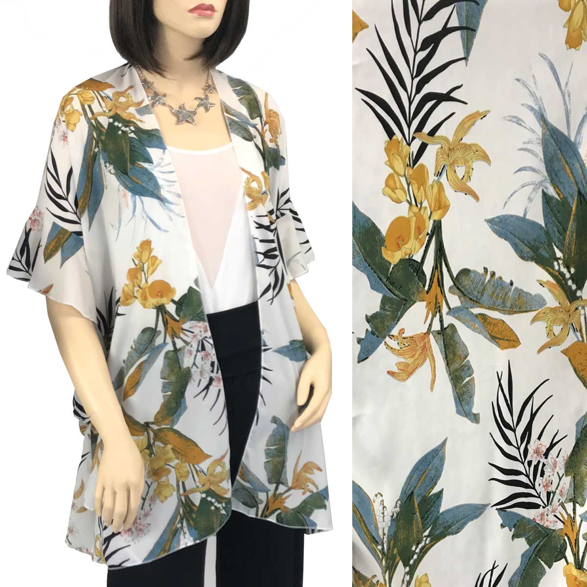 1310 - White<br>Tropical Leaf Kimono