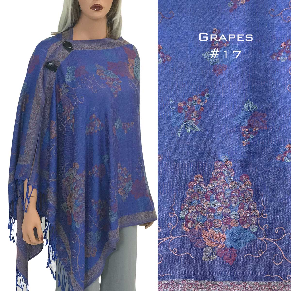 GRAPES ROYAL  #17 Pashmina Style Shawl with Wooden Buttons MB
