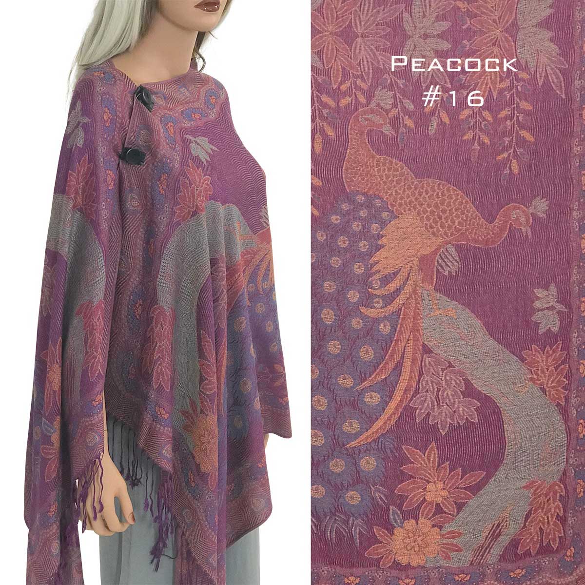 Peacock - #16<br>
Pashmina Style Button Shawl