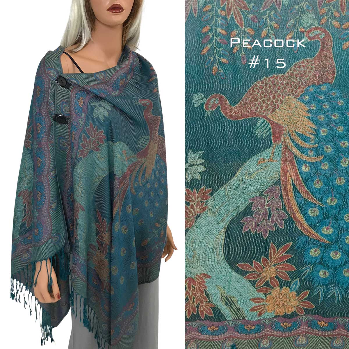 Peacock - #15<br>Pashmina Style Button Shawl
