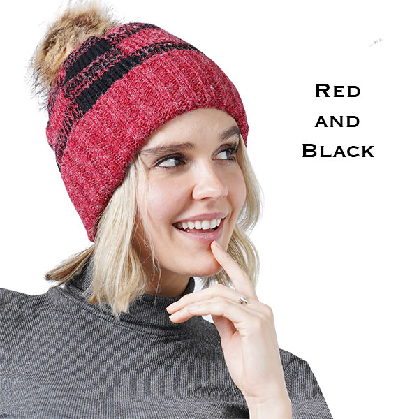 8712 RED/BLACK/FUR POM POM Knit Winter Hat