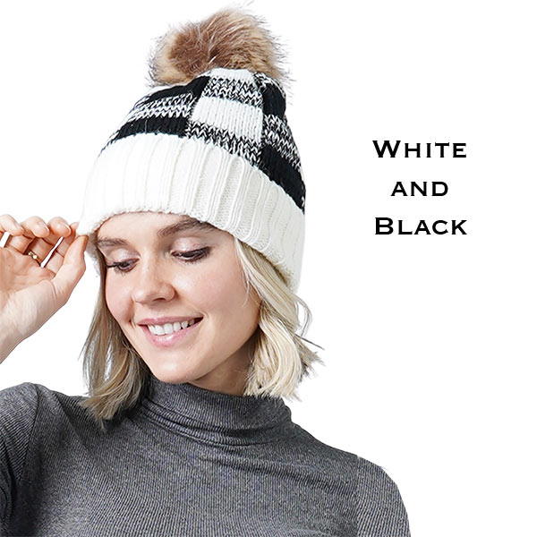 8712 WHITE/BLACK/FUR POM POM Knit Winter Hat