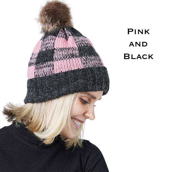 8712 Knit Hat Buffalo Check Pattern - Pink