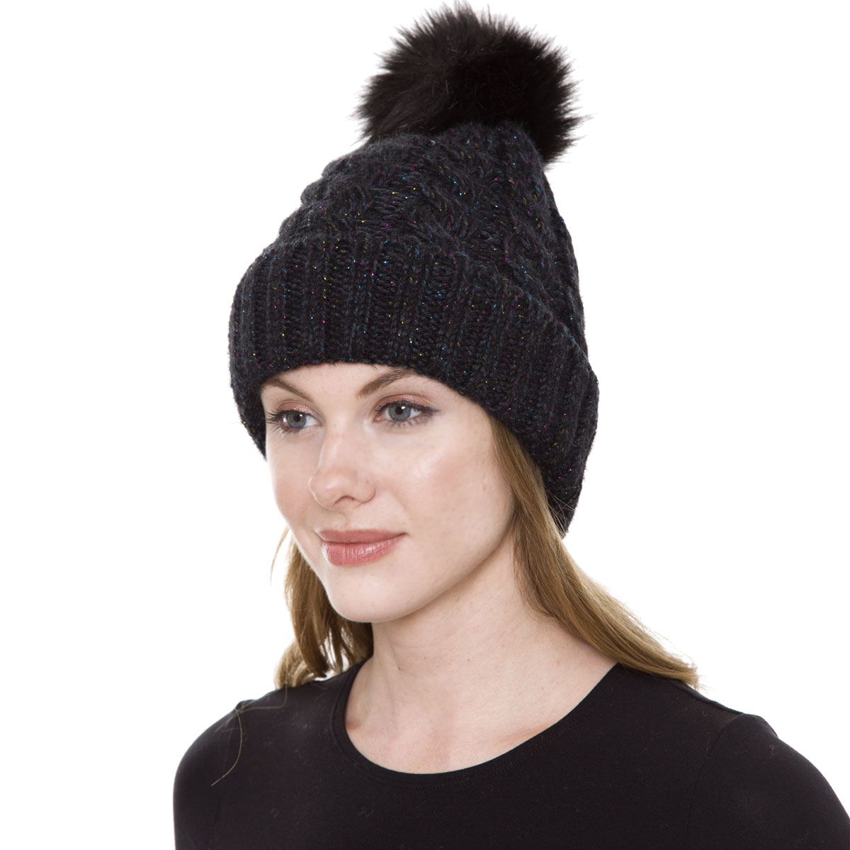 JH248 Black Pom Pom Cable Knit Sparkle Hat with Sherpa Lining 