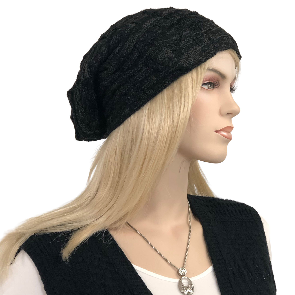 LC:HATSL - Black Slouchy Knit Hat with Faux Fur Lining