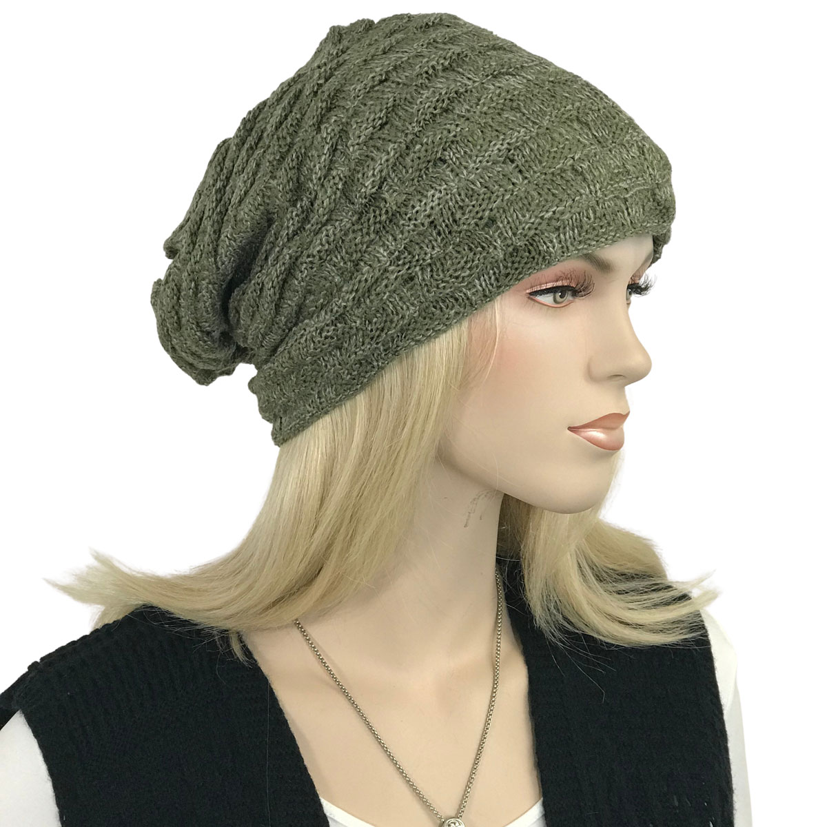 3114 - Winter Knit Hats - LC:HATSL - Olive Slouchy Knit Hat with Faux Fur Lining