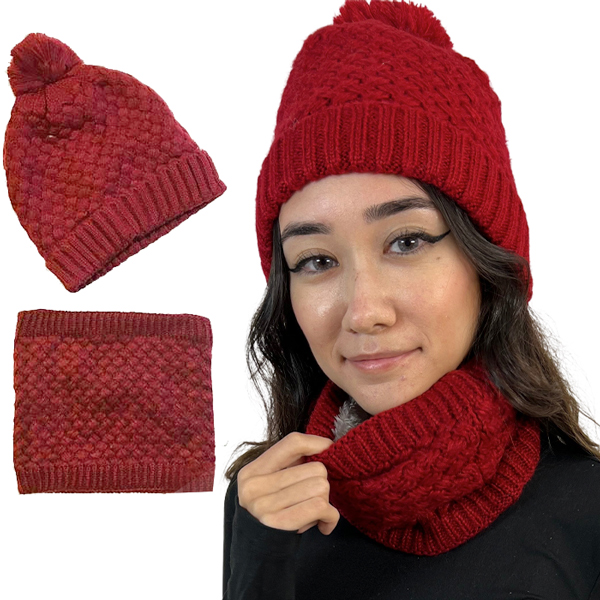 LC:HSET Cranberry Hat and Neck Warmer Set w/Fur Lining