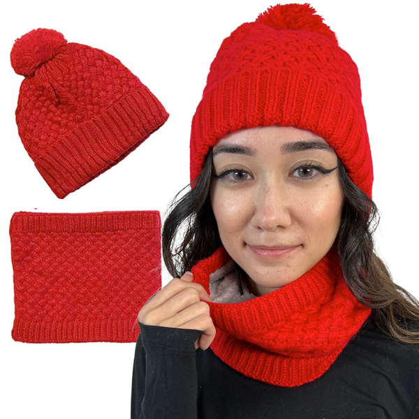 LC:HSET Red Hat and Neck Warmer Set w/Fur Lining