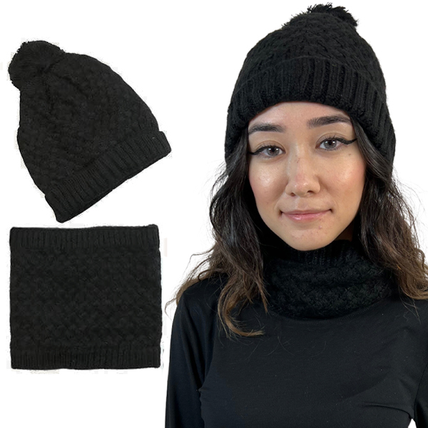 LC:HSET Black Hat and Neck Warmer Set w/Fur Lining