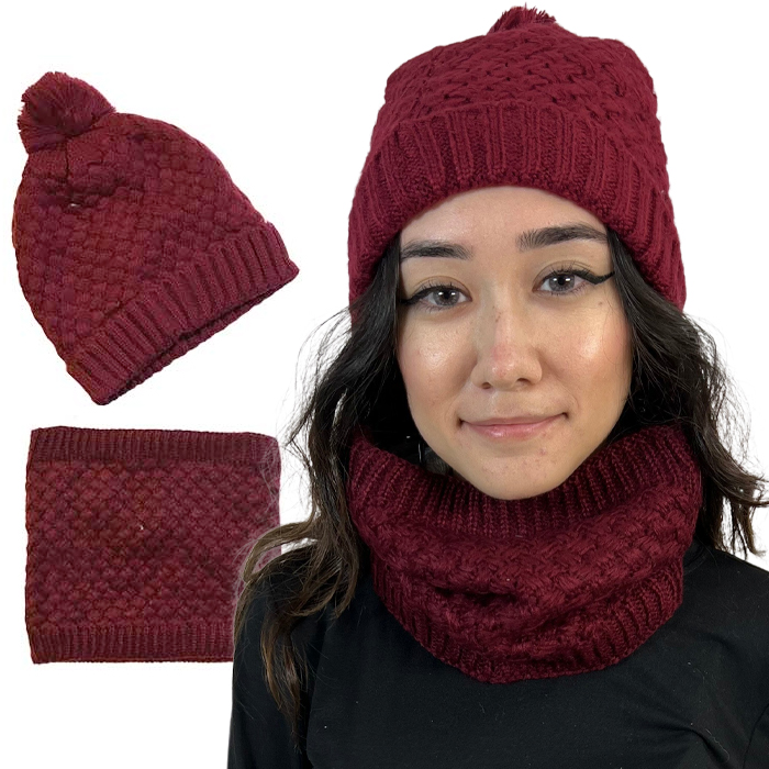 LC:HSET Burgundy Hat and Neck Warmer Set w/Fur Lining