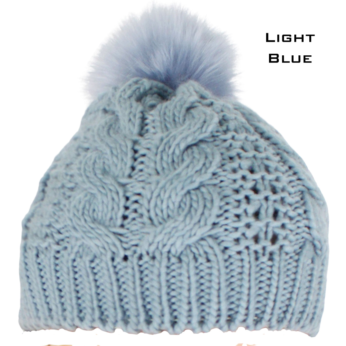 10026 LIGHT BLUE/FUR POM POM Knit Winter Hat