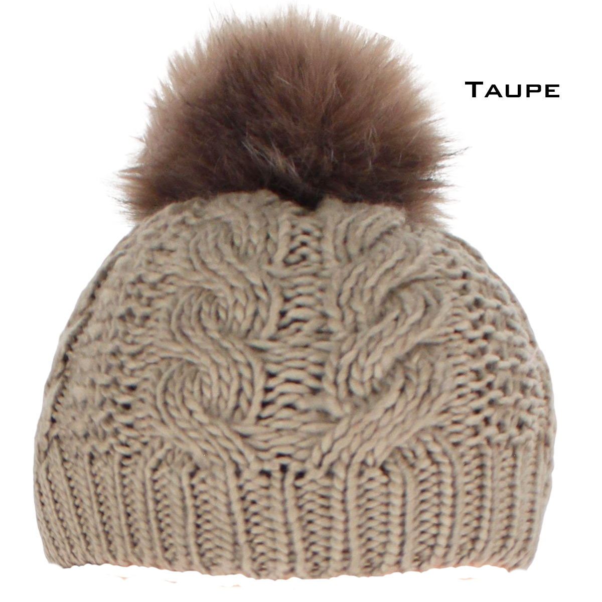 10026 TAUPE/FUR POM POM Knit Winter Hat