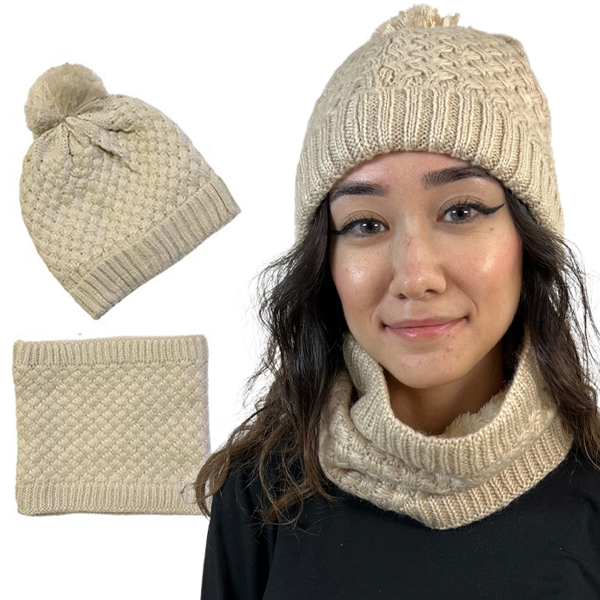 LC:HSET BEIGE Hat and Neck Warmer Set w/Fur Lining