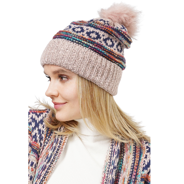 10658 - Pink Multi
Ethnic Pattern Knot Beanie with PomPom