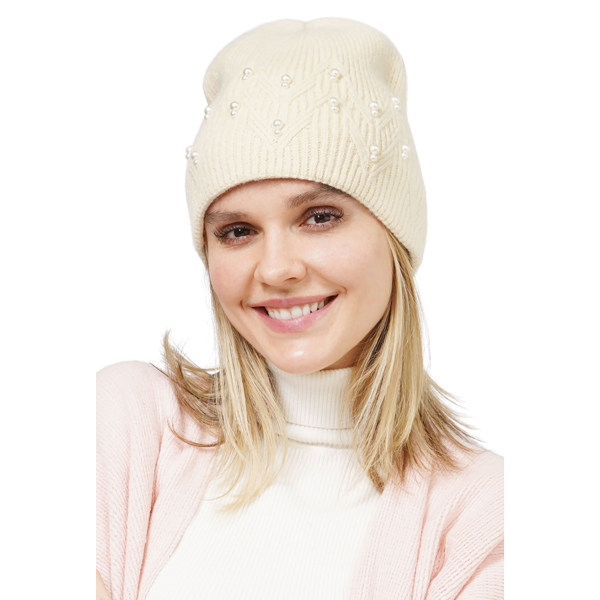 10666 - Beige<br>
Pearl Deco Knitted Beanie
