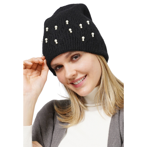 10666 - Black<br>
Pearl Deco Knitted Beanie
