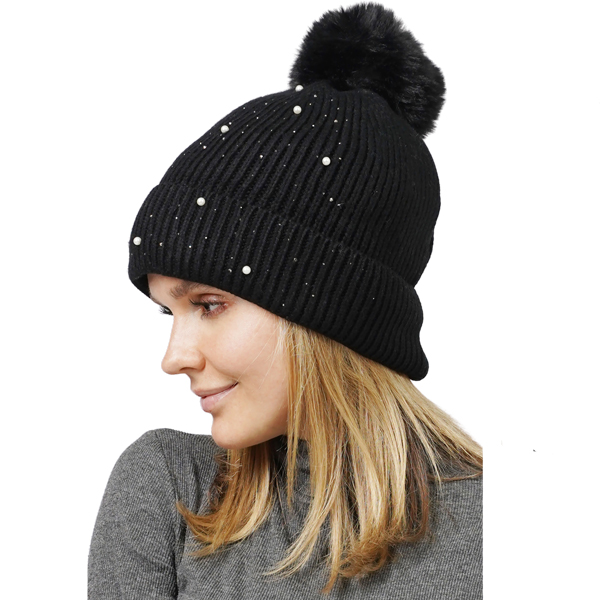 3114 - Winter Knit HATs - 10868 - Black - Pearl Deco Knitted PomPom Beanie****