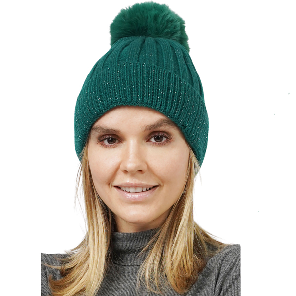 10875 - Green<br>
Lurex Ribbed Knitted Pompom Beanie