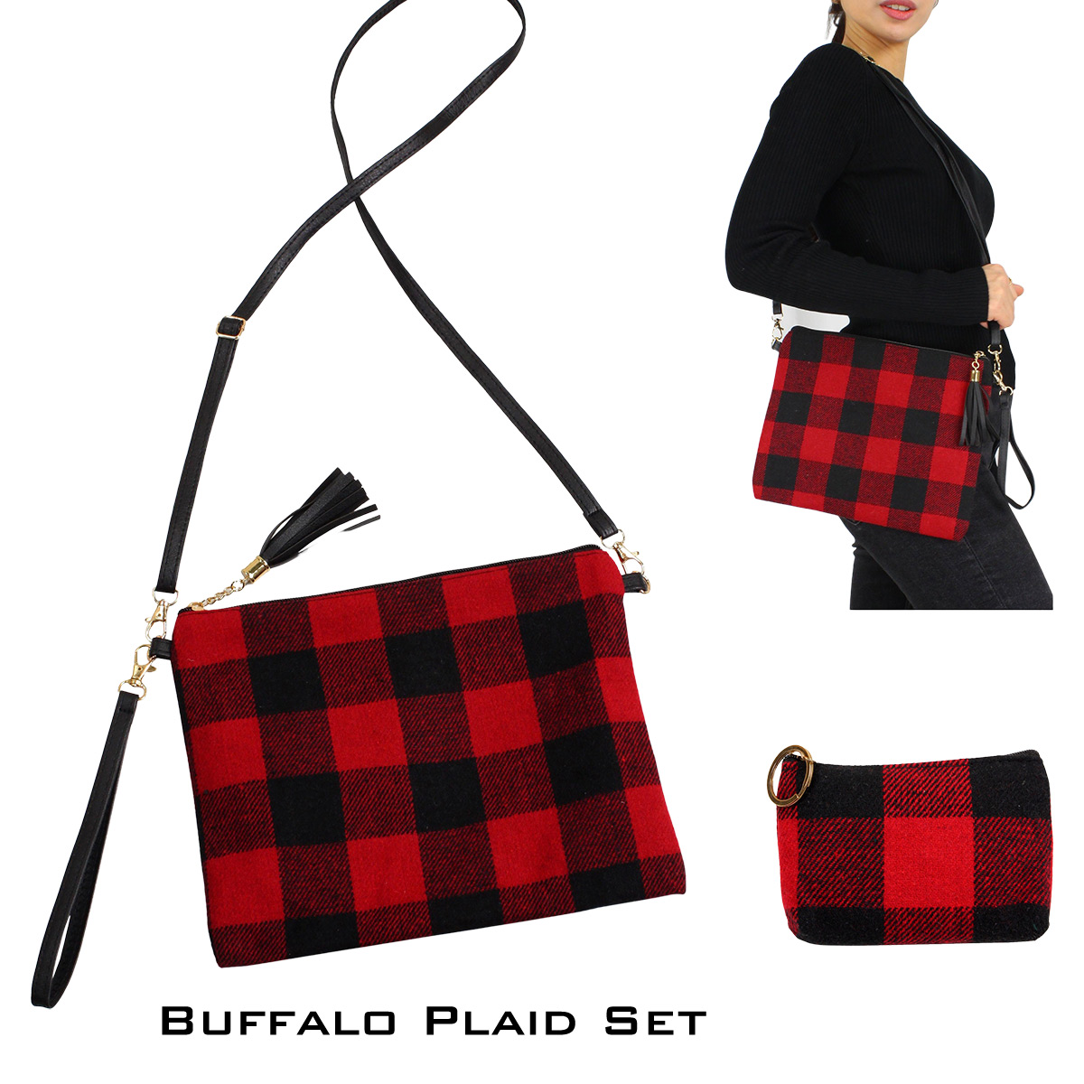 9882 - Red/Black<br> Buffalo Plaid Crossbody Bag and Coin Purse 2 Pc. Set 