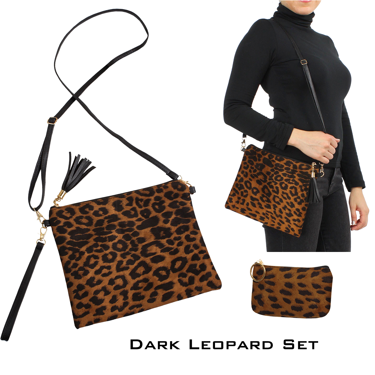9378 - Dark Leopard<br>  
Sueded Crossbody Bag and Coin Purse 