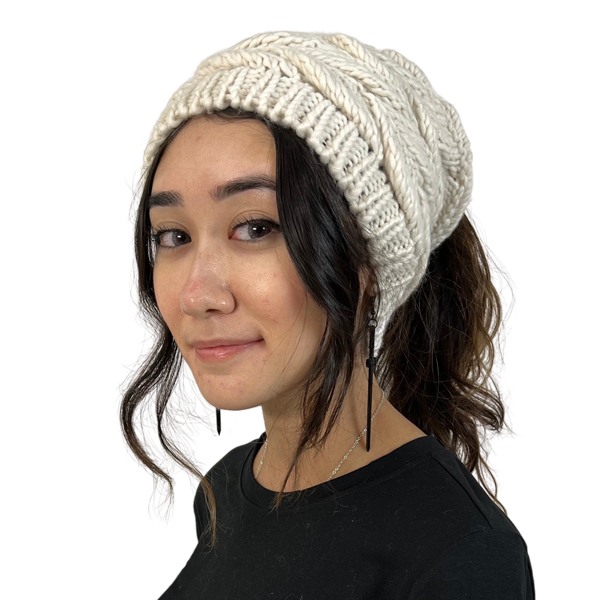 Ivory<br>
Messy Bun Knitted Hat