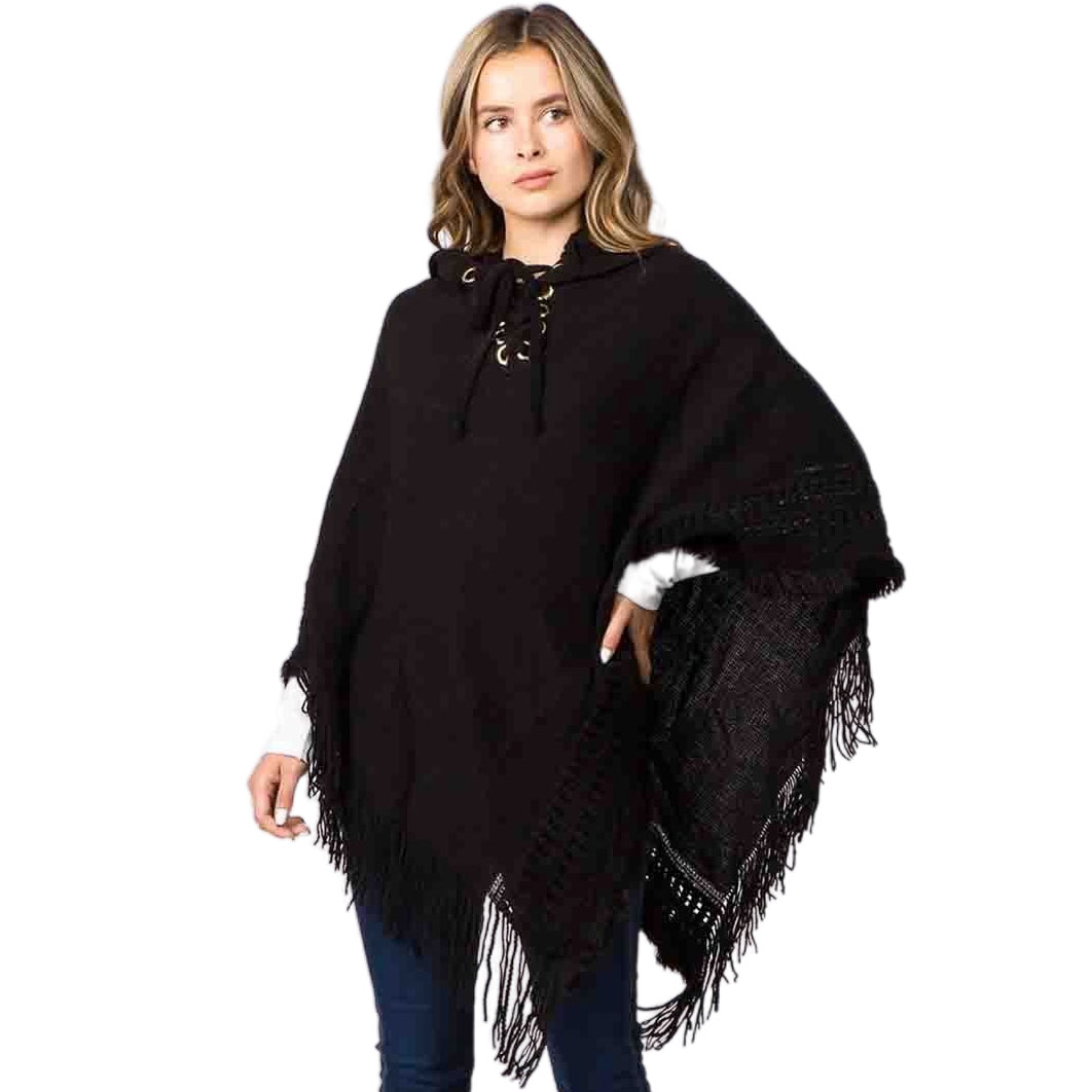 90B7 - Black<br>
Knitted Poncho with Hood 