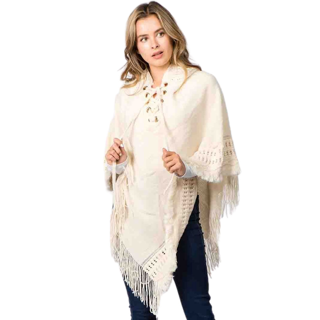 90B7 - Ivory<br>
Knitted Poncho with Hood