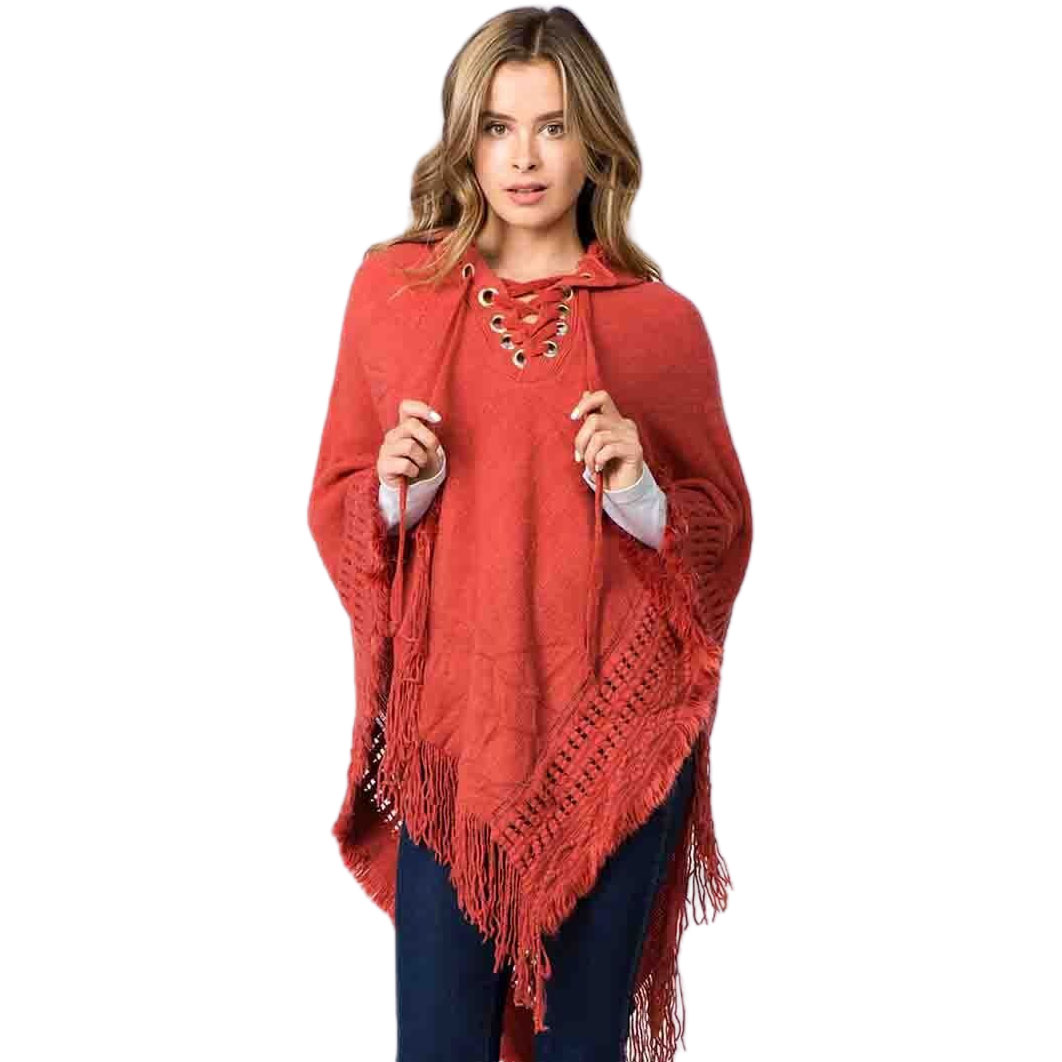 90B7 - Paprika<br>
Knitted Poncho with Hood