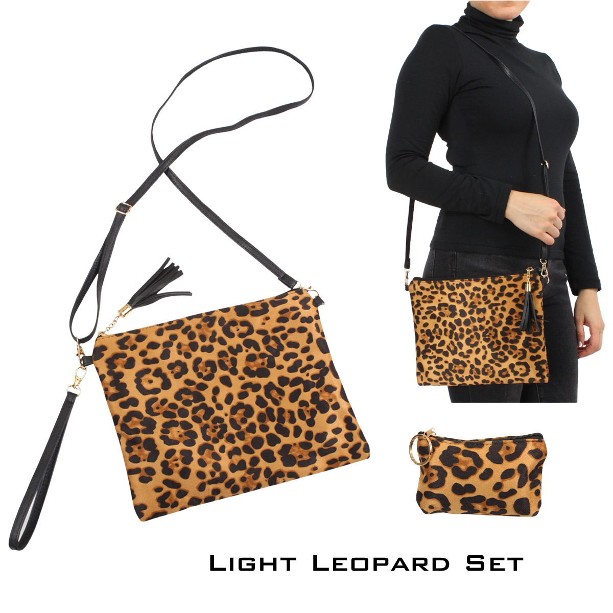 9379 SUEDED LIGHT LEOPARD PRINT Crossbody Bag and Coin Purse 2 Pc. Set 