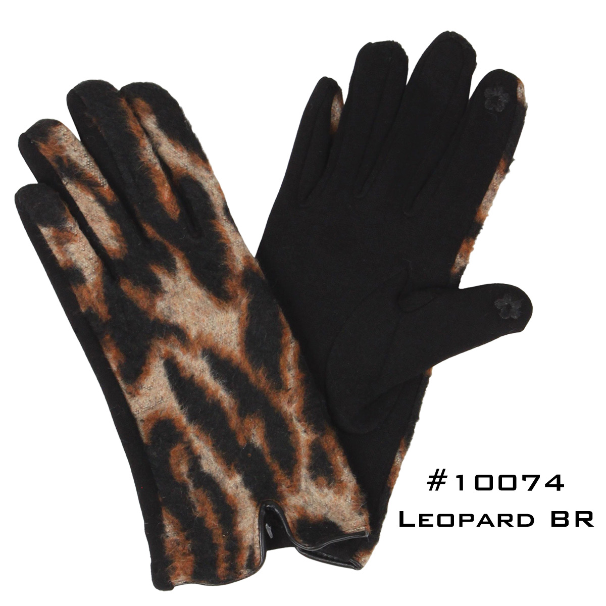 10074 WOOL FEEL LEOPARD BR Touch Screen Smart Gloves - Fleece Lined 