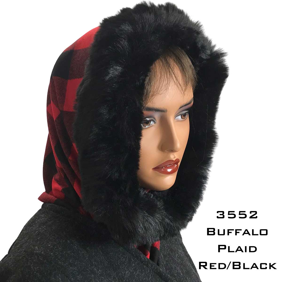 3552 BUFFALO PLAID RED/BLACK Fur Trimmed Infinity Hood