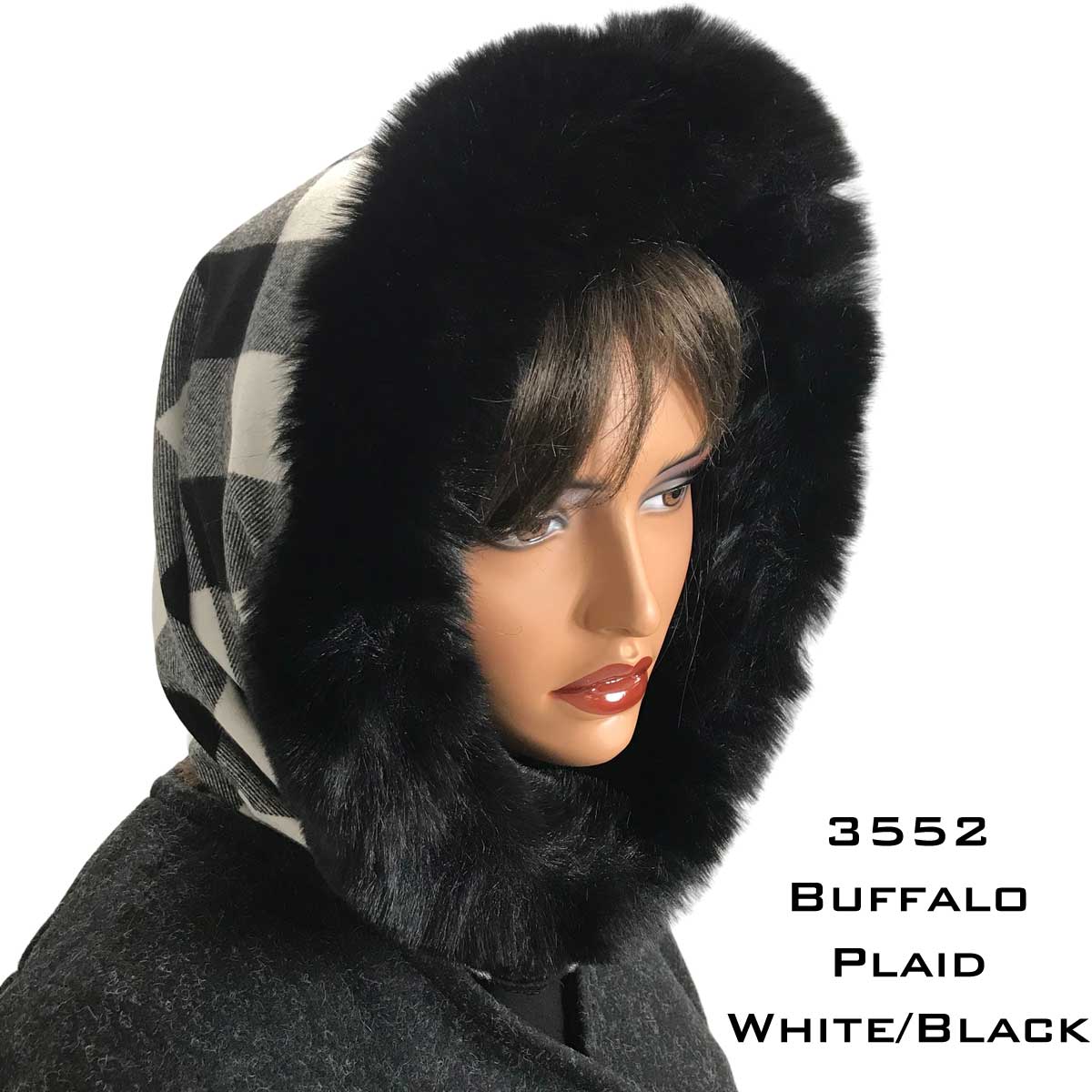 3552 BUFFALO PLAID WHITE/BLACK Fur Trimmed Infinity Hood