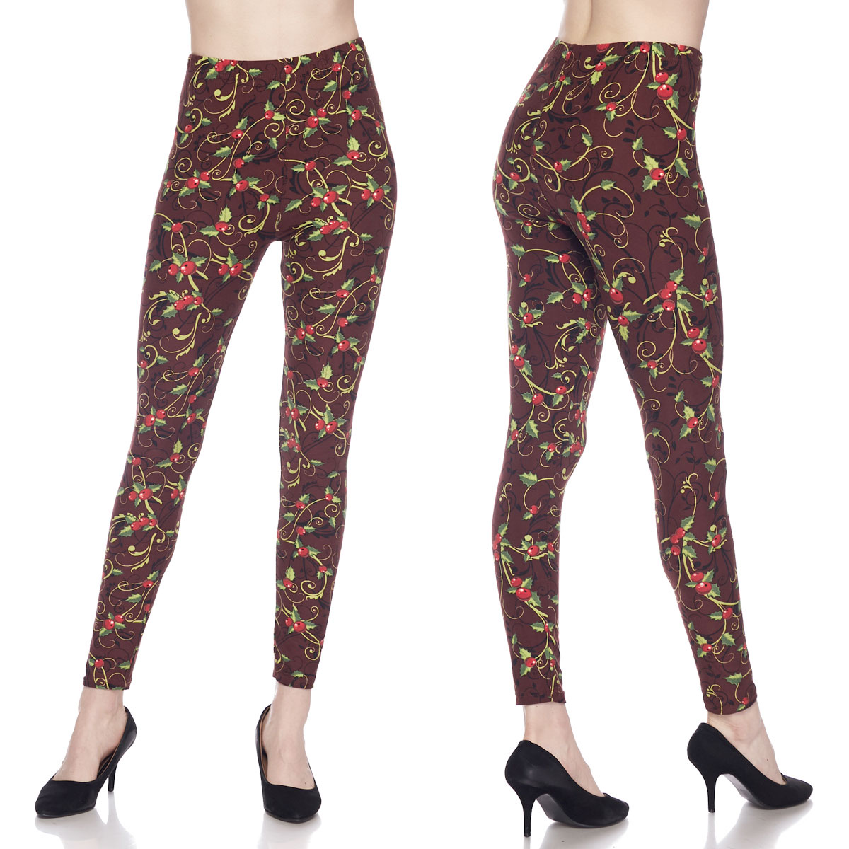 J217 Christmas Holly Brushed Fiber Leggings - Ankle Length Prints