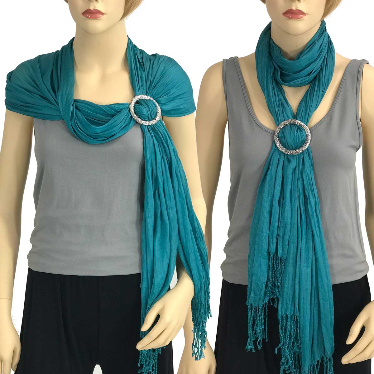 WholesaleShawl - Cotton/Silk #100 with Scarf Buckle Ring-Teal
