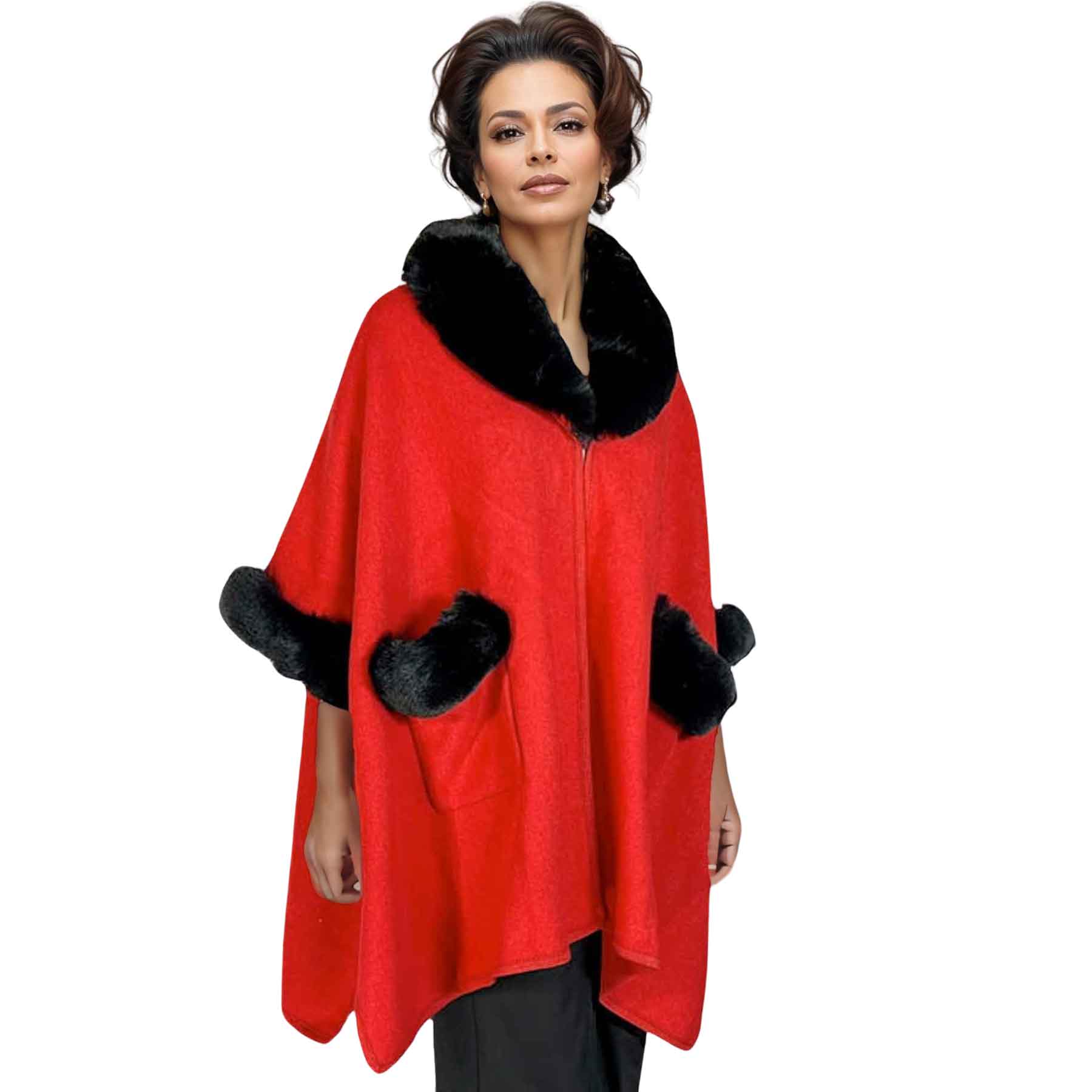 Red - Black Fur #6 <BR> Cloak with Faux Rabbit Fur Trim